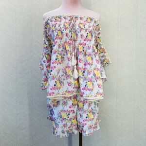 Kos Resort Vibrant Floral 2pc Smocked Summer Set -Off Shoulder Top & Shorts XL